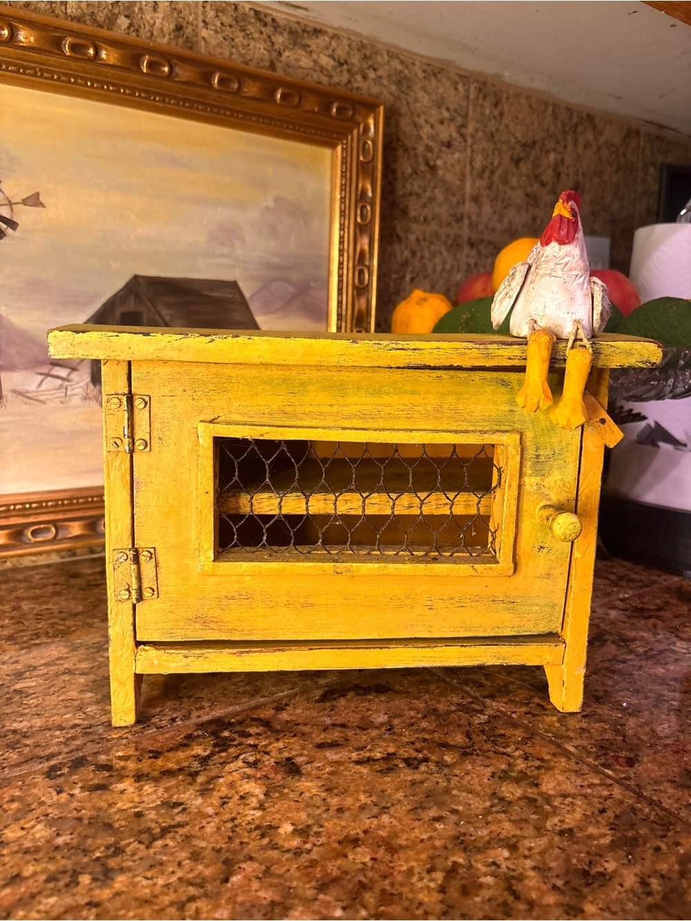 Primitive Farmhouse Wooden Chicken Coop Cabinet Yellow Folk Art Hen